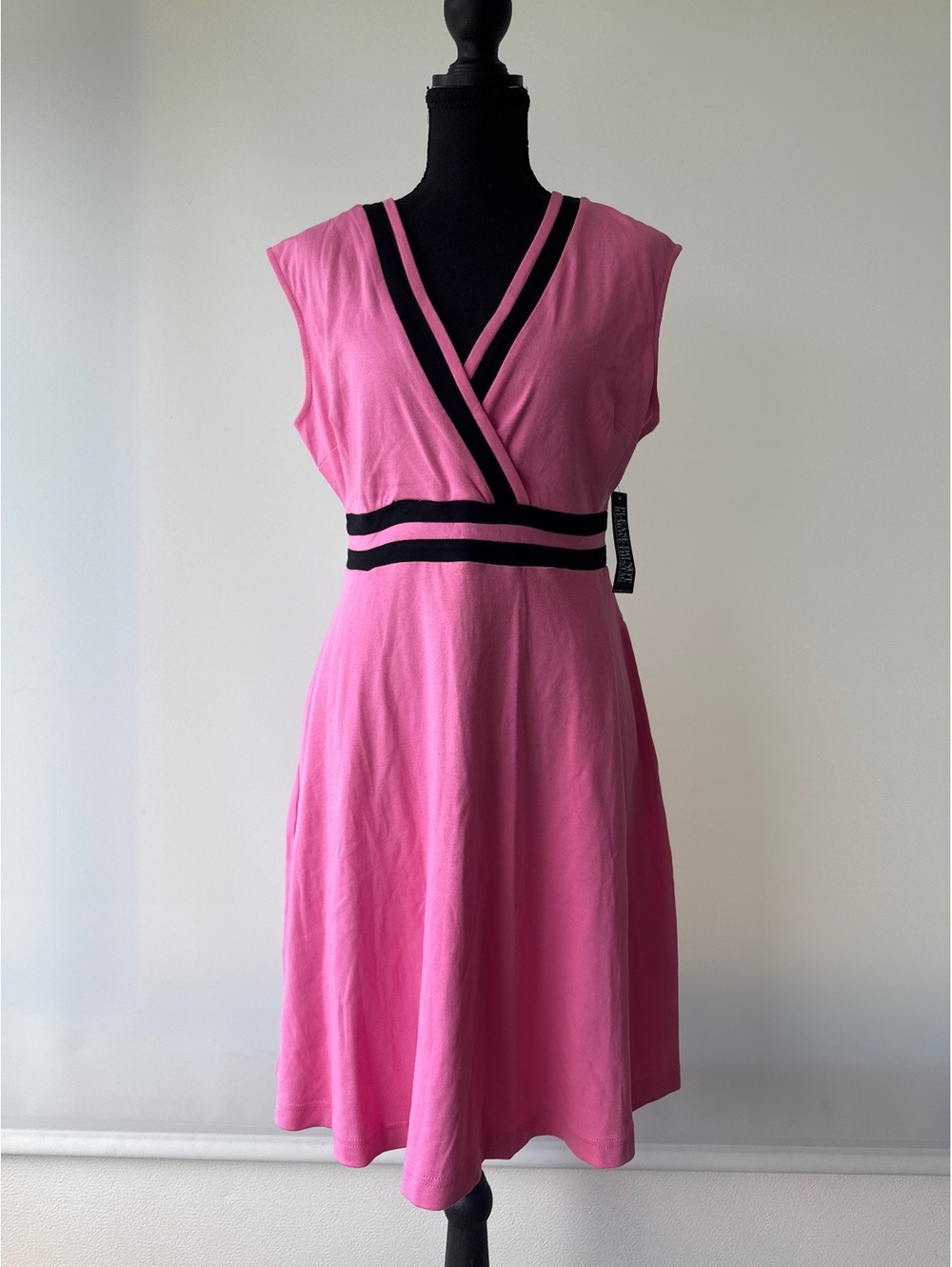 New York & Company Pink Cotton Fit & Flare Dress with Black Stripes, Size M